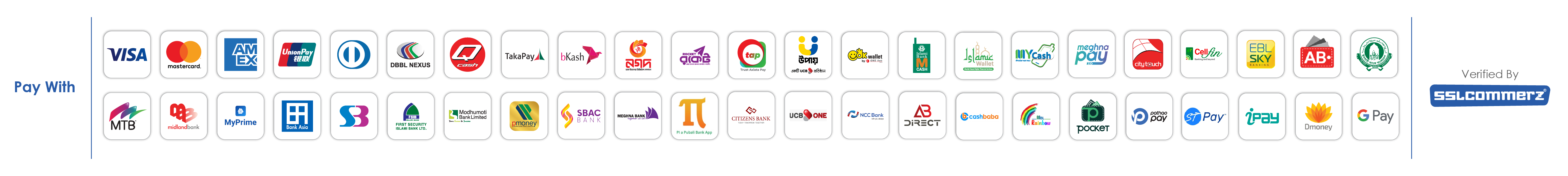 Supported payment methods via SSLCommerz